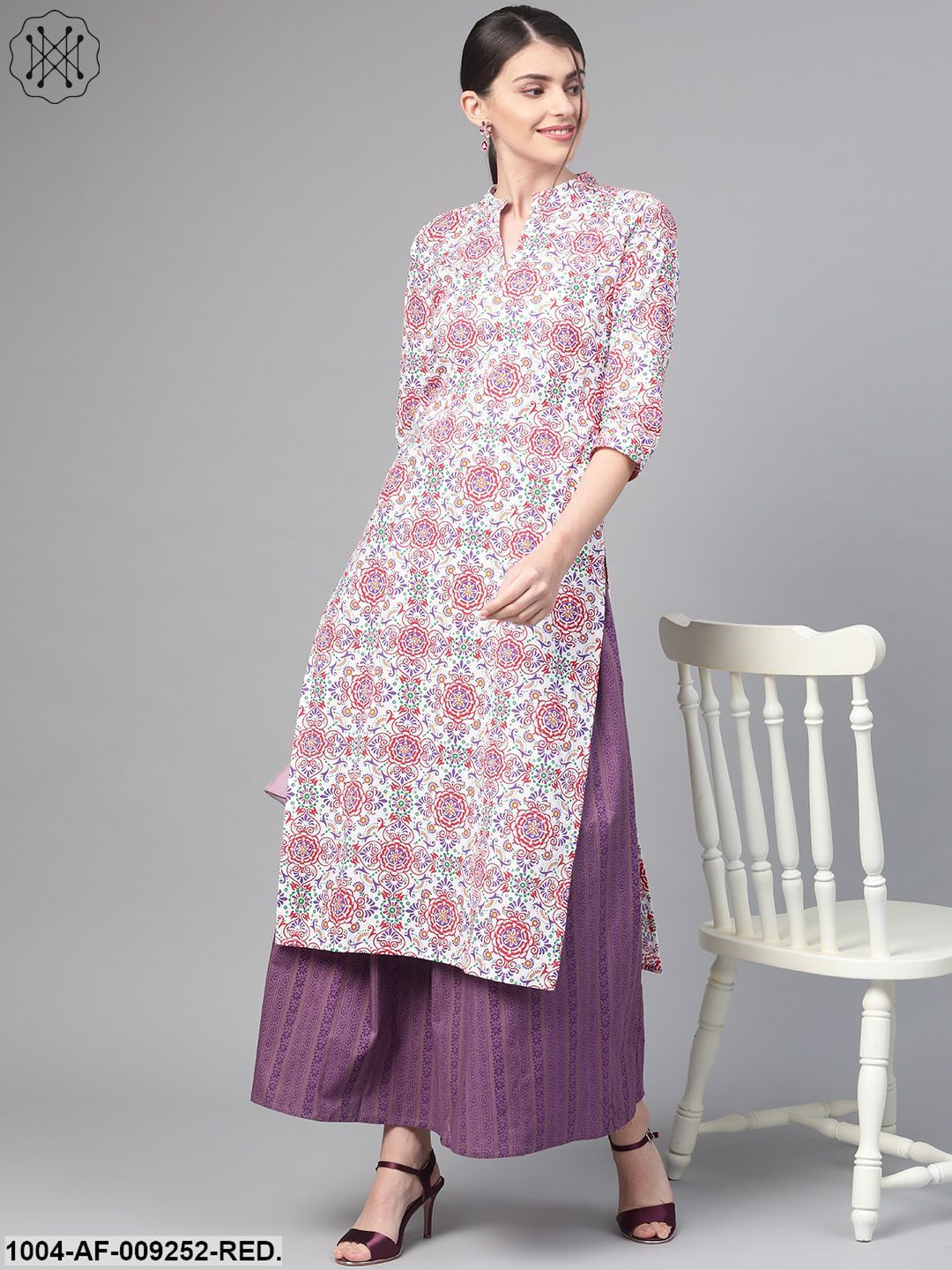 Women White & Red Straight Ethnic Motifs Printed Kurta And Skirt Set