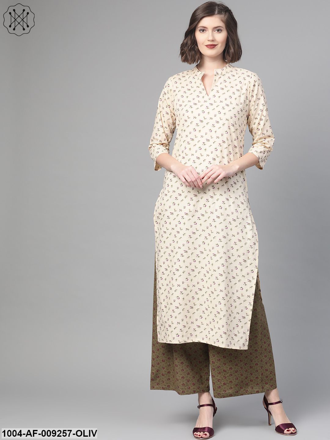 Women Cream & Olive Straight Floral Printed Kurta And Palazzos Set