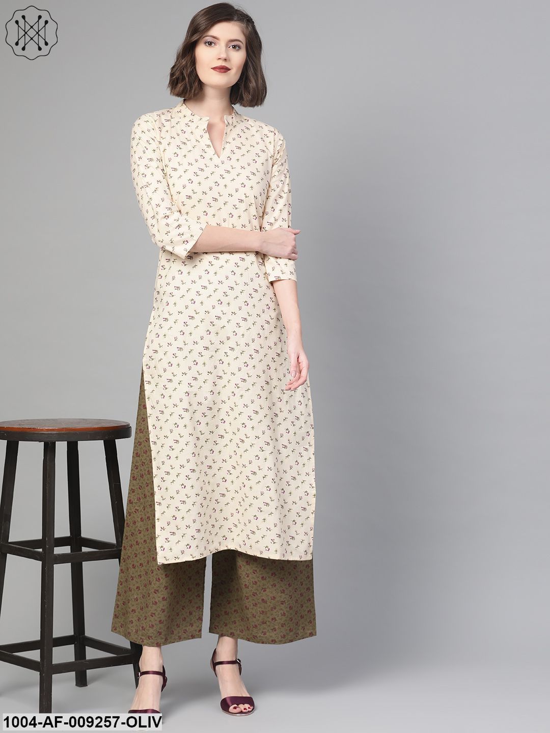Women Cream & Olive Straight Floral Printed Kurta And Palazzos Set