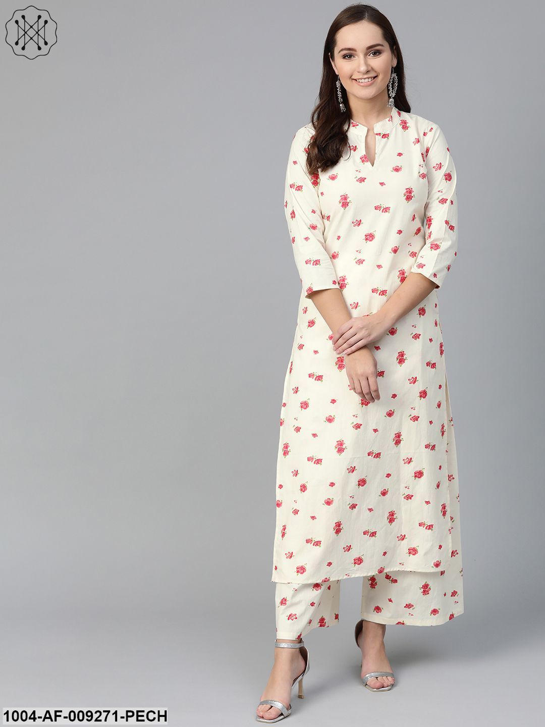 Women Off White & Peach Straight Floral Printed Kurta And Palazzos Set