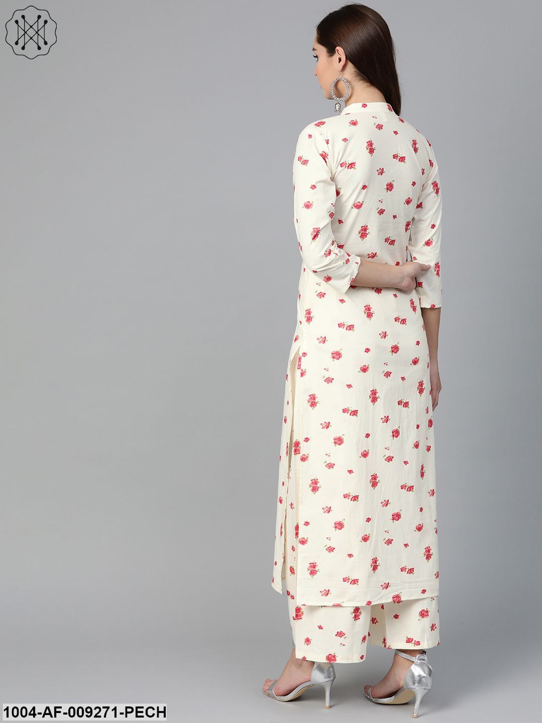 Women Off White & Peach Straight Floral Printed Kurta And Palazzos Set