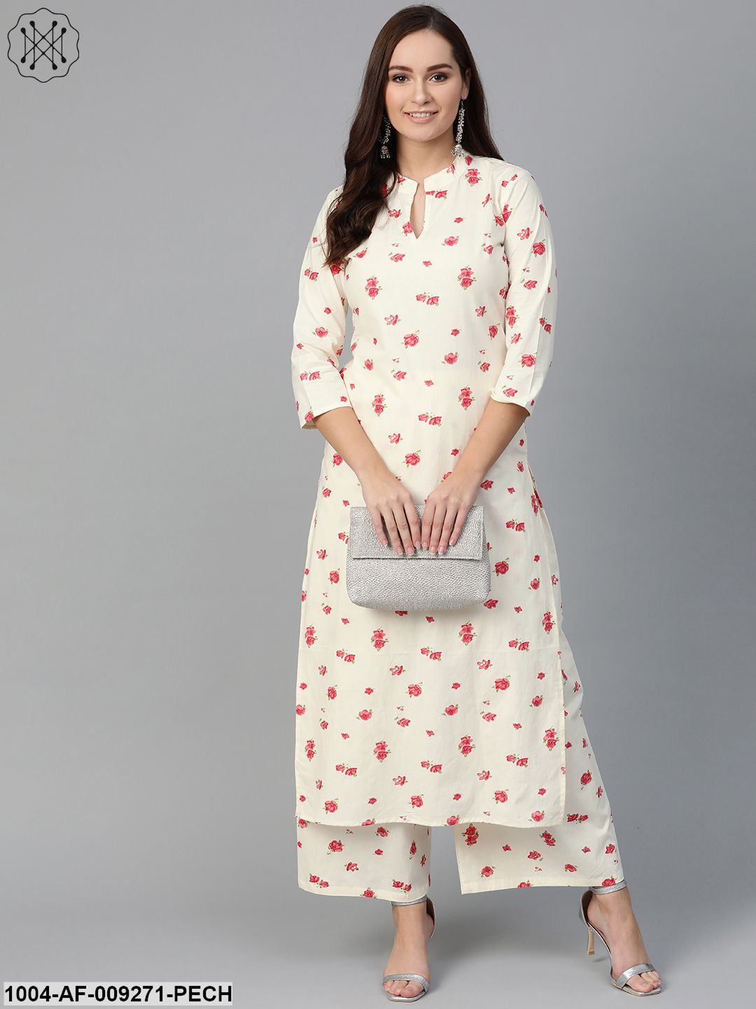 Women Off White & Peach Straight Floral Printed Kurta And Palazzos Set