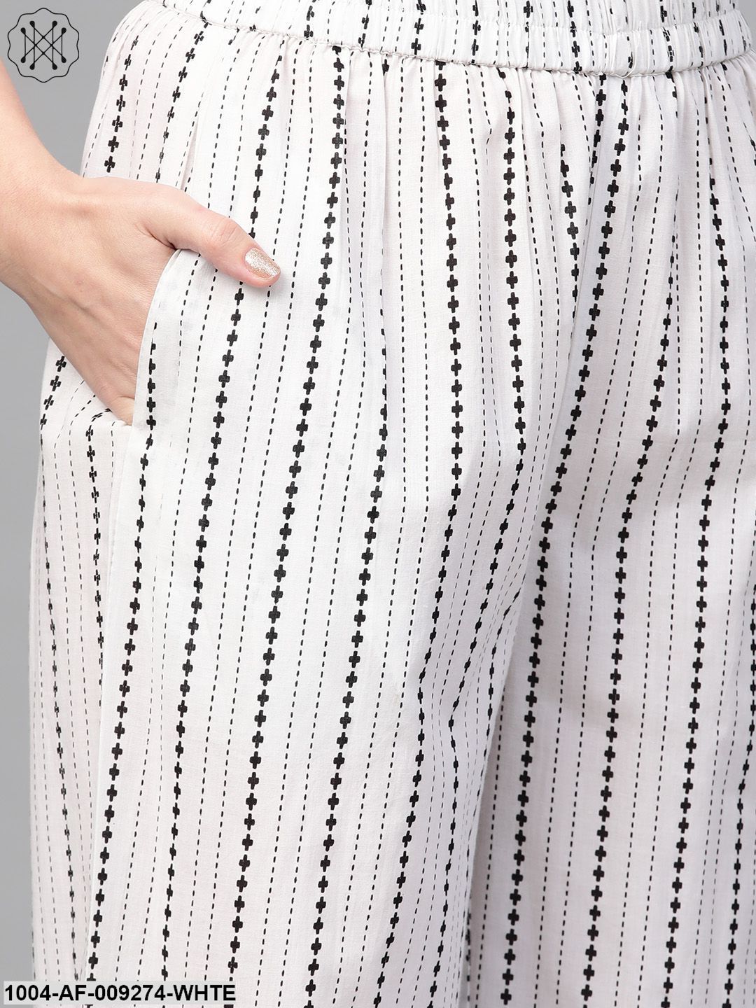 Women Black & White Straight Ethnic Motifs Printed Kurta And Palazzos Set With Dupatta