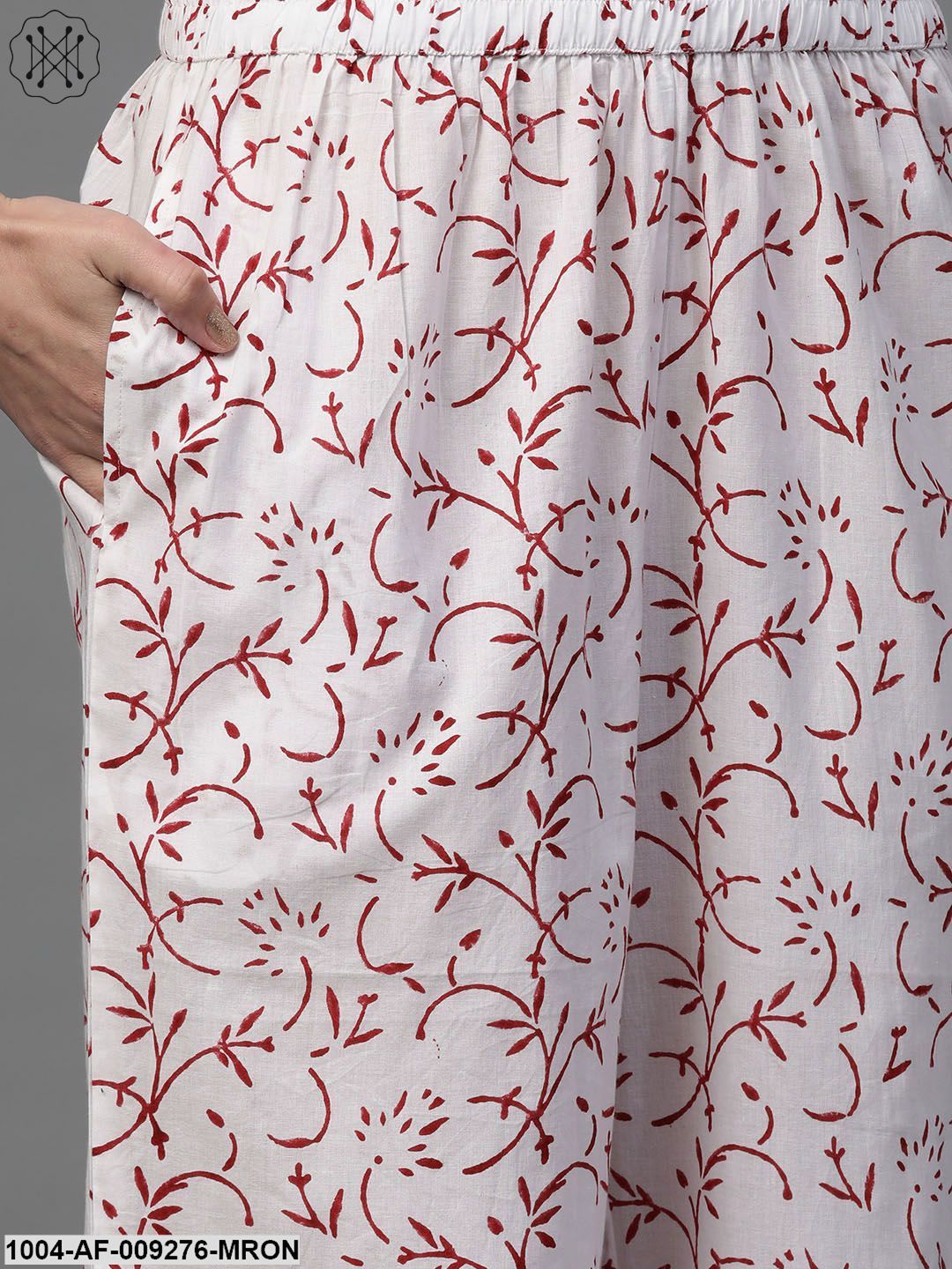 Women White & Maroon Straight Floral Printed Kurta And Palazzos Set With Dupatta