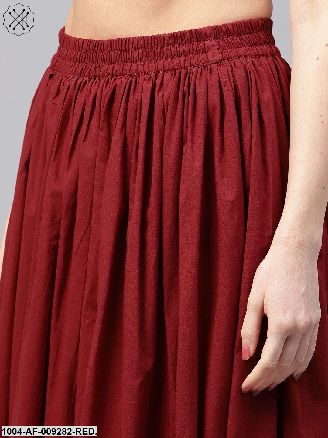 Blue Printed 3/4Th Sleeve Cotton Kurta With Red Flared Skirt