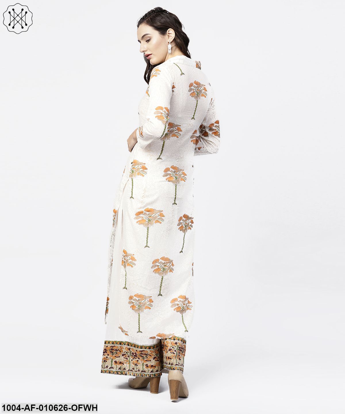 Women Off White Three-Quarter Sleeves Shirt Collar Straight Pure Cotton Kurta And Palazzos Set