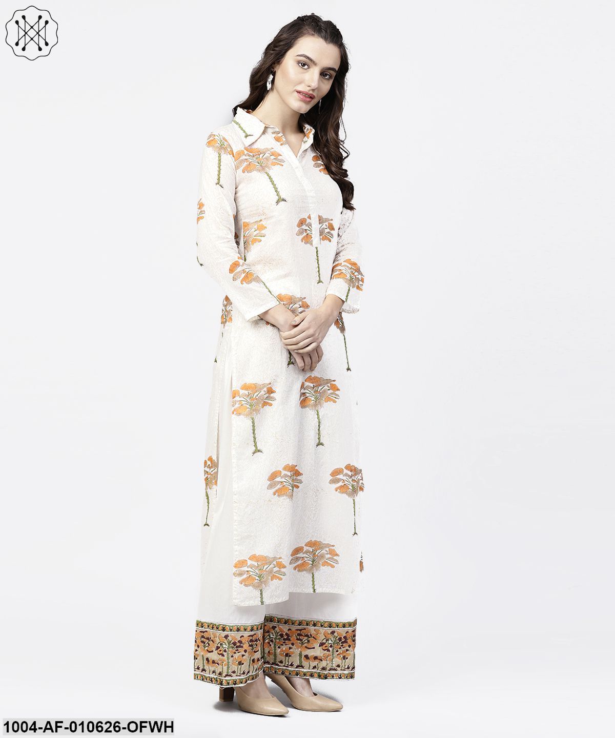 Women Off White Three-Quarter Sleeves Shirt Collar Straight Pure Cotton Kurta And Palazzos Set