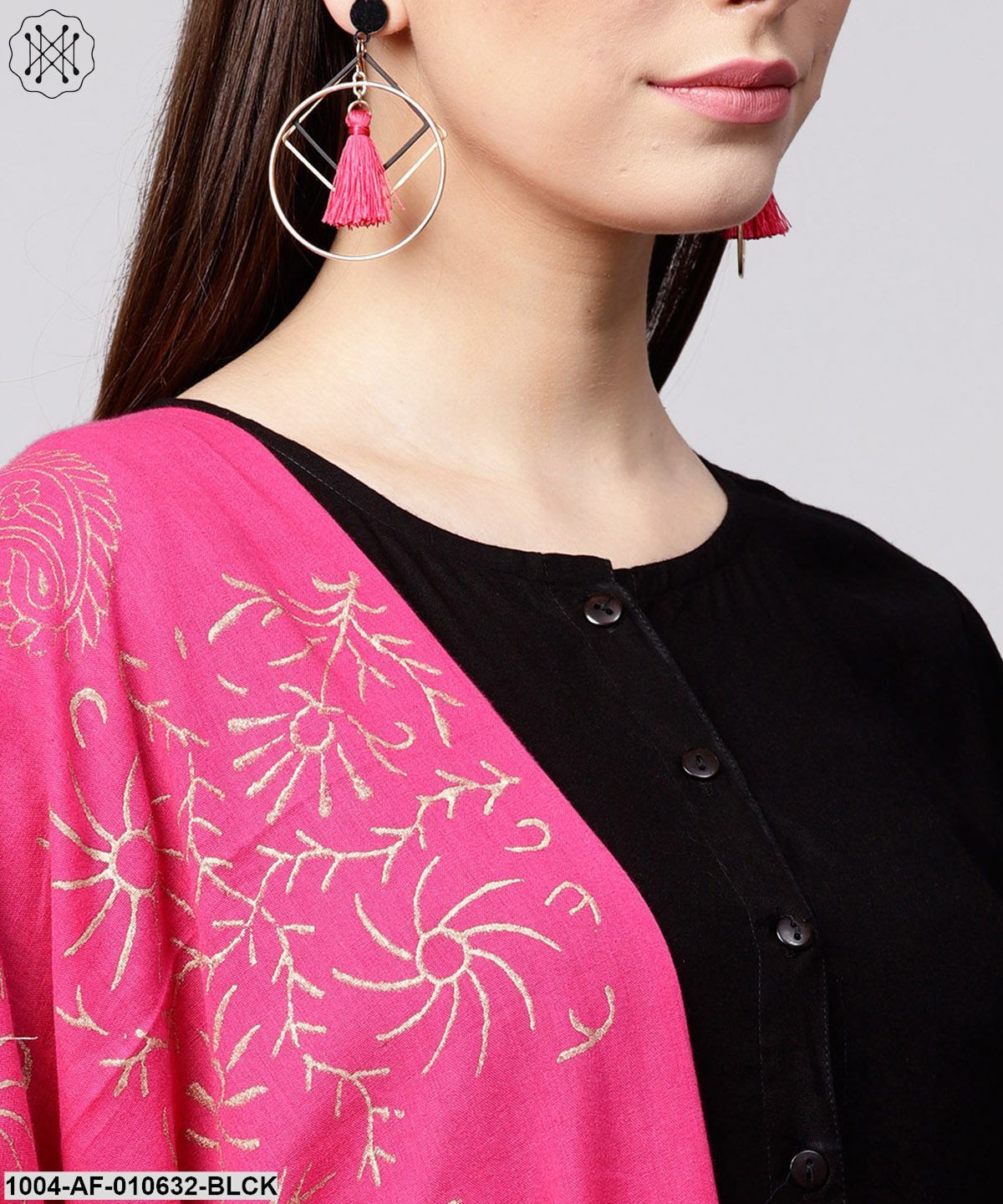 Women Black Short Sleeves Round Neck Anarkali Pure Cotton Kurta And Palazzos With Dupatta Set