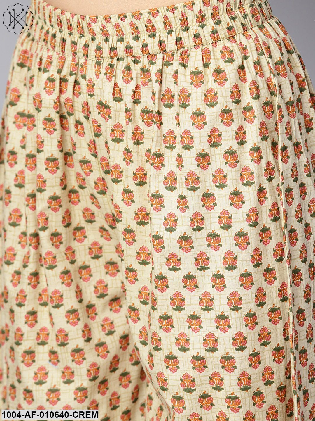 Women Cream Long Sleeves Round Neck A-Line Pure Cotton Kurta And Palazzo Set