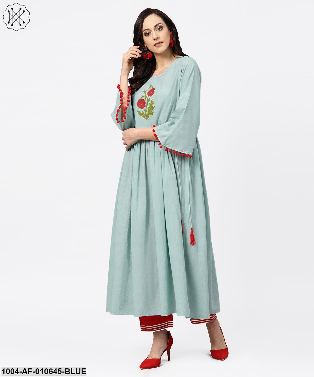 Women Blue Three-Quarter Sleeves Round Neck A-Line Pure Cotton Kurta And Palazzo Set