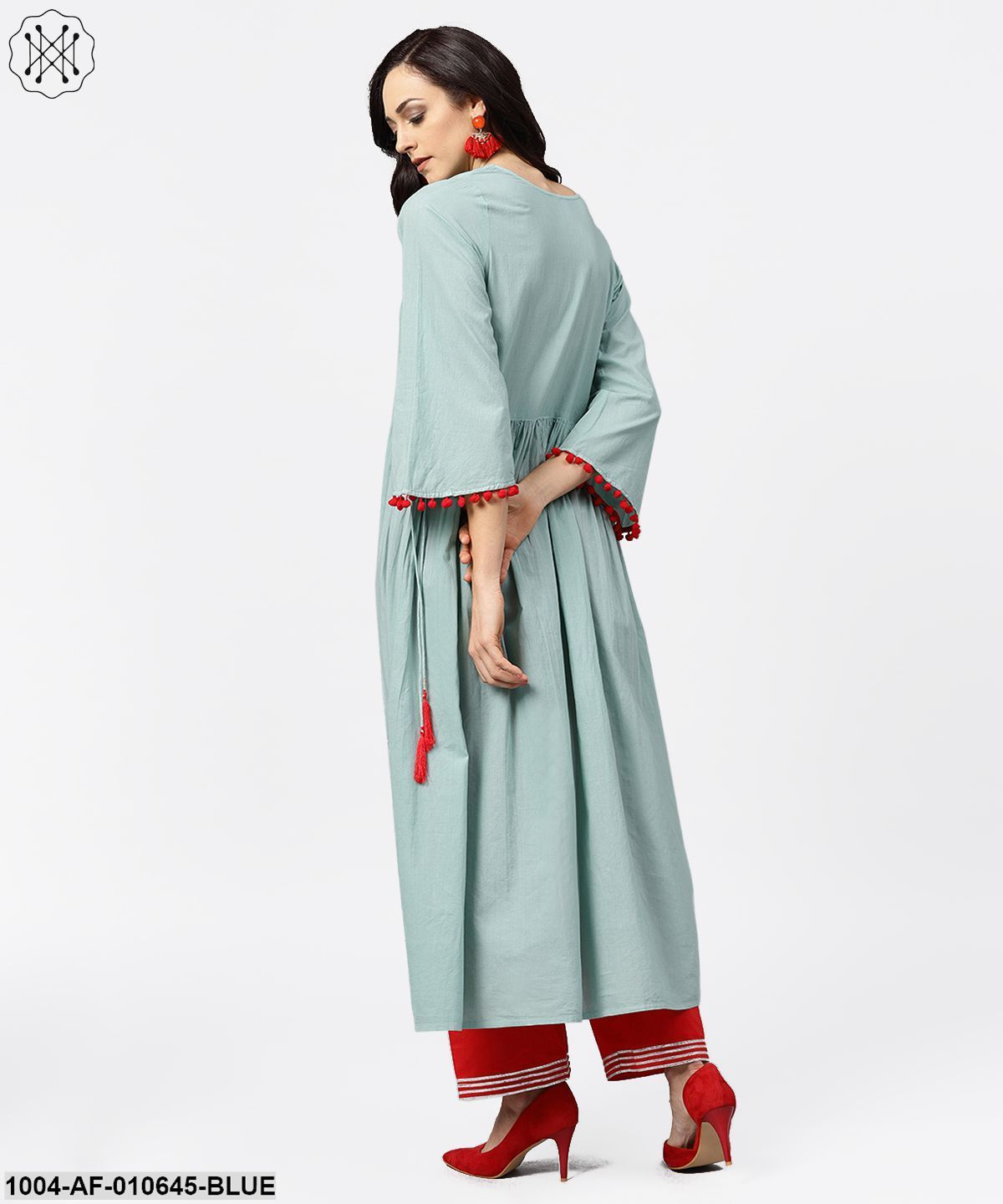 Women Blue Three-Quarter Sleeves Round Neck A-Line Pure Cotton Kurta And Palazzo Set