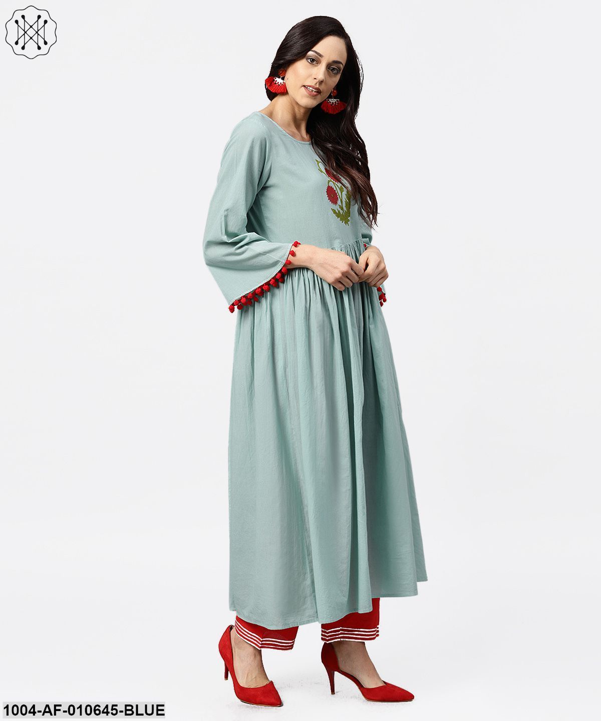 Women Blue Three-Quarter Sleeves Round Neck A-Line Pure Cotton Kurta And Palazzo Set