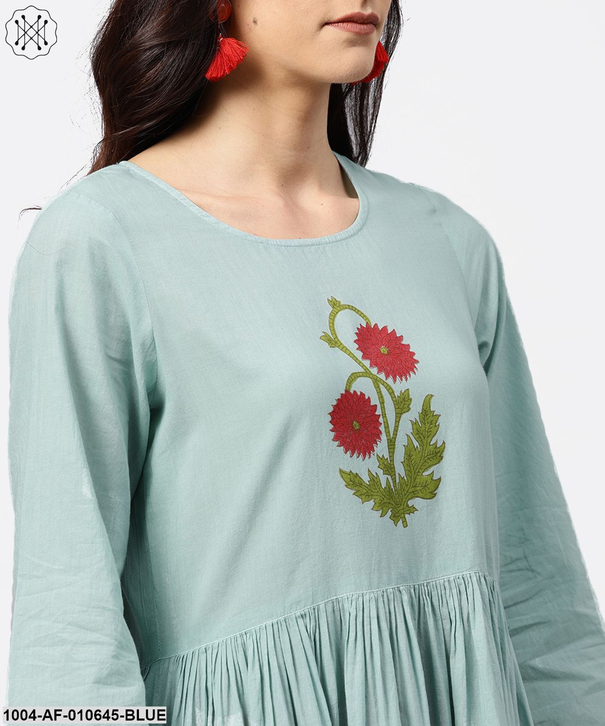 Women Blue Three-Quarter Sleeves Round Neck A-Line Pure Cotton Kurta And Palazzo Set