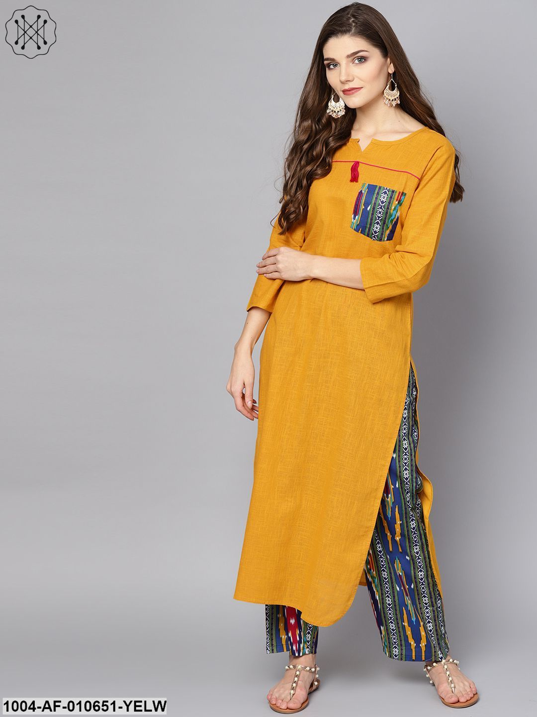 Women Yellow Three-Quarter Sleeves Keyhole Neck Straight Pure Cotton Kurta And Pant Set