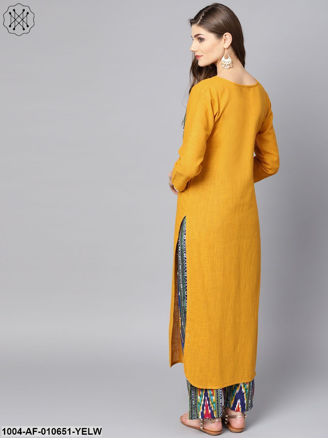 Women Yellow Three-Quarter Sleeves Keyhole Neck Straight Pure Cotton Kurta And Pant Set