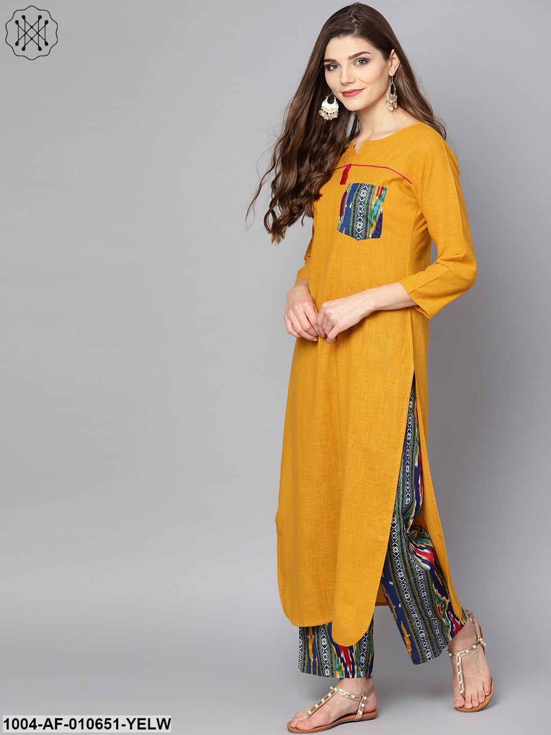 Women Yellow Three-Quarter Sleeves Keyhole Neck Straight Pure Cotton Kurta And Pant Set