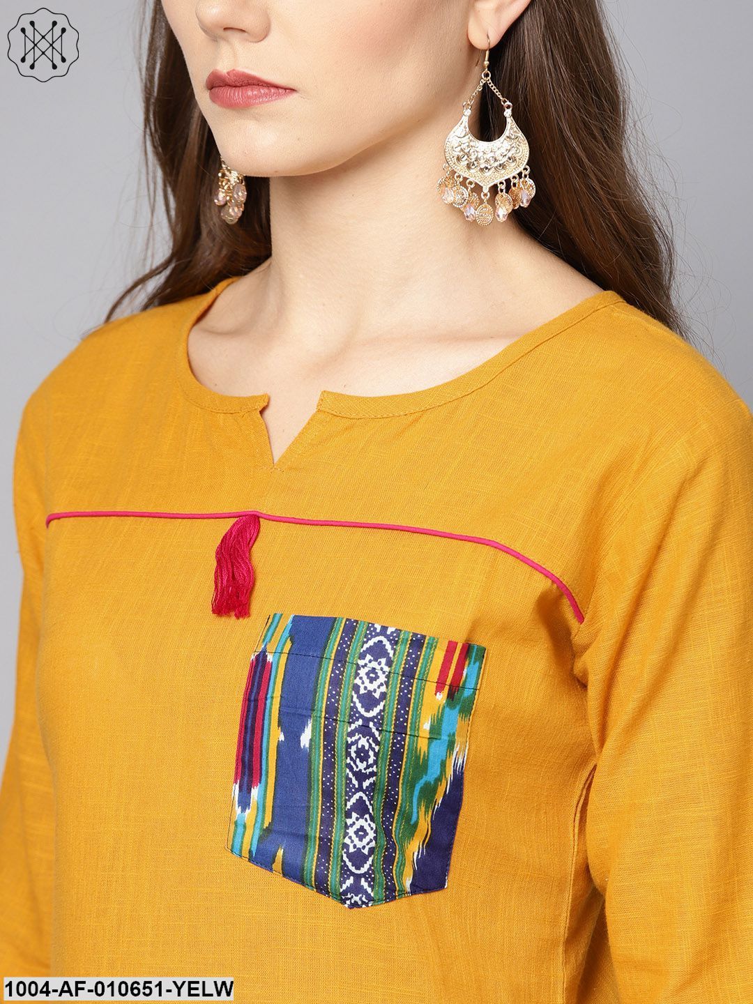 Women Yellow Three-Quarter Sleeves Keyhole Neck Straight Pure Cotton Kurta And Pant Set