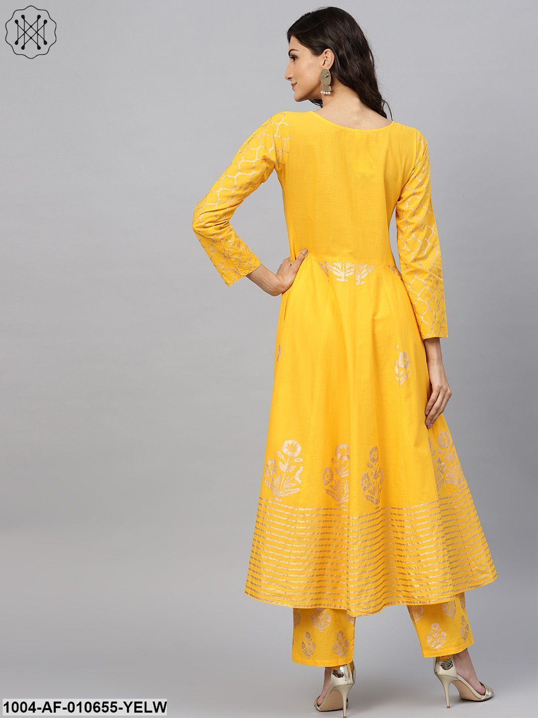 Women Yellow Three-Quarter Sleeves Round Neck Anarkali Pure Cotton Kurta And Palazzo Set