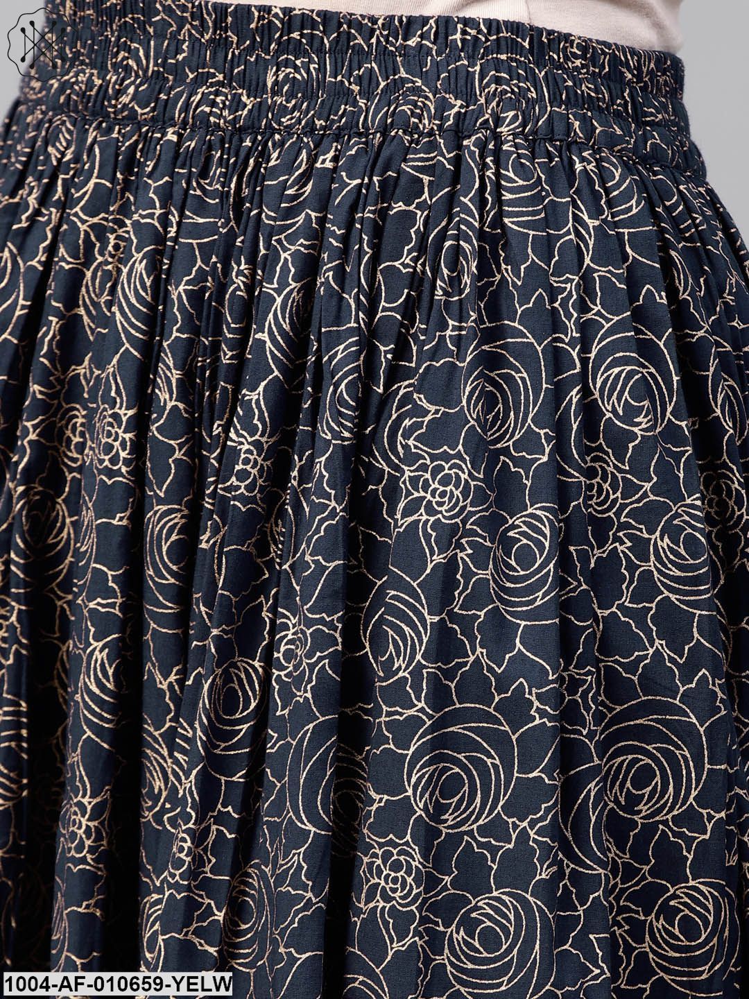 Women Yellow Three-Quarter Sleeves Round Neck Straight Pure Cotton Kurta And Skirt Set