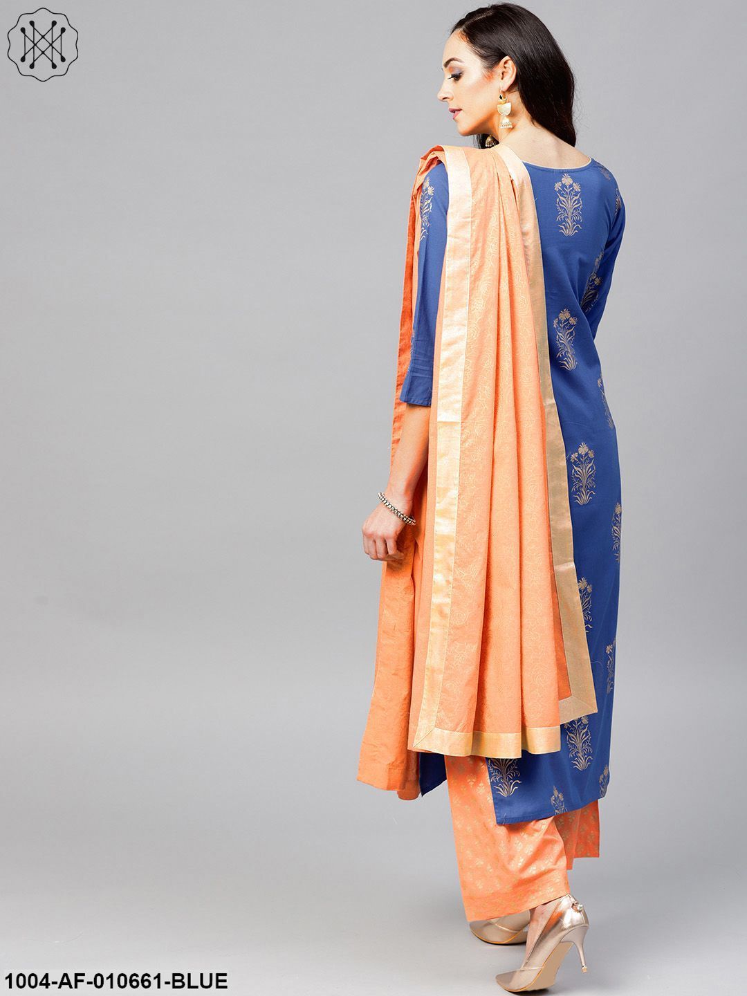 Women Blue Three-Quarter Sleeves Keyhole Neck Straight Pure Cotton Kurta And Palazzo With Dupatta Set