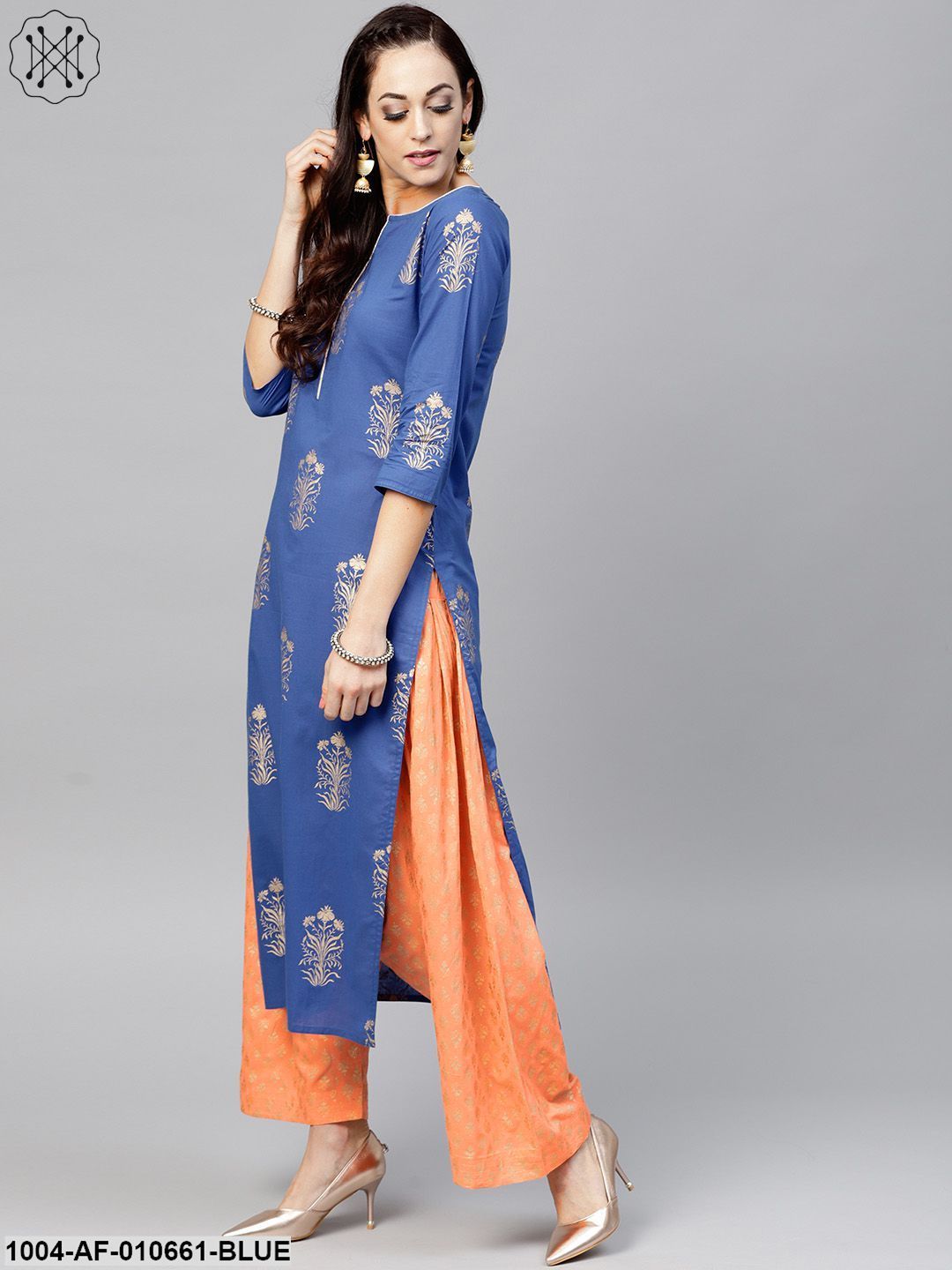 Women Blue Three-Quarter Sleeves Keyhole Neck Straight Pure Cotton Kurta And Palazzo With Dupatta Set