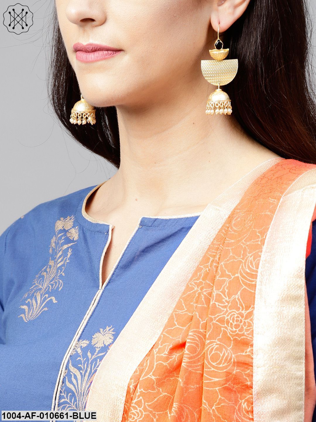 Women Blue Three-Quarter Sleeves Keyhole Neck Straight Pure Cotton Kurta And Palazzo With Dupatta Set