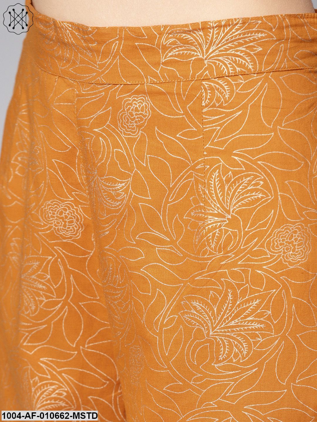 Women Mustard Three-Quarter Sleeves Mandarin Collar Straight Pure Cotton Kurta And Palazzo Set