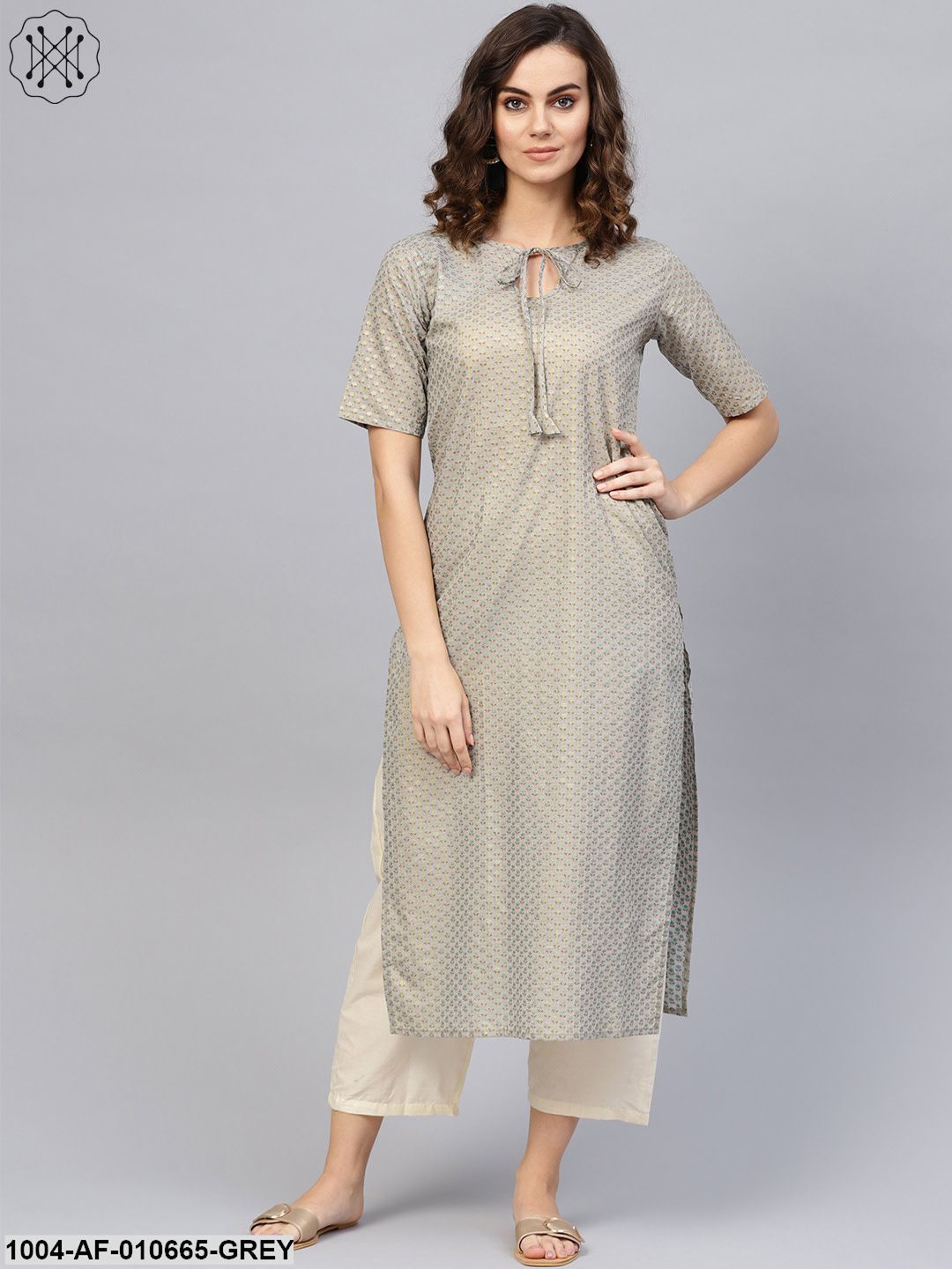 Women Grey Short Sleeves Keyhole Neck Straight Pure Cotton Kurta And Trousers Set