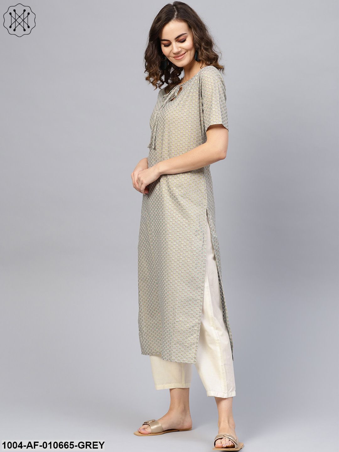 Women Grey Short Sleeves Keyhole Neck Straight Pure Cotton Kurta And Trousers Set