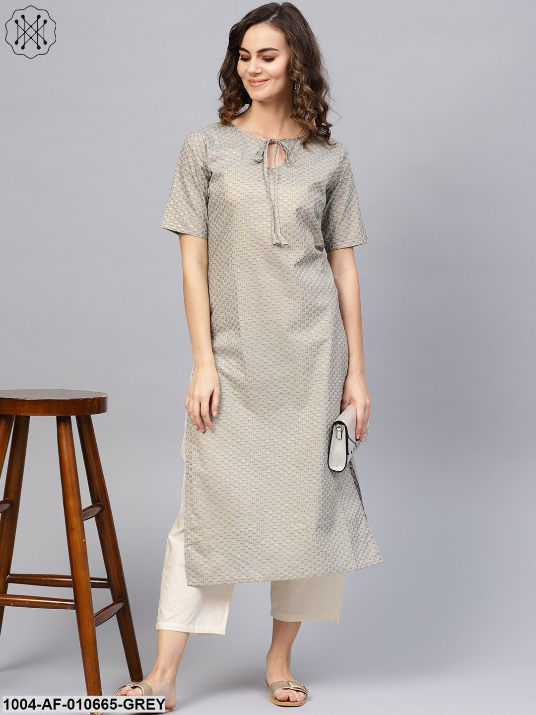 Women Grey Short Sleeves Keyhole Neck Straight Pure Cotton Kurta And Trousers Set