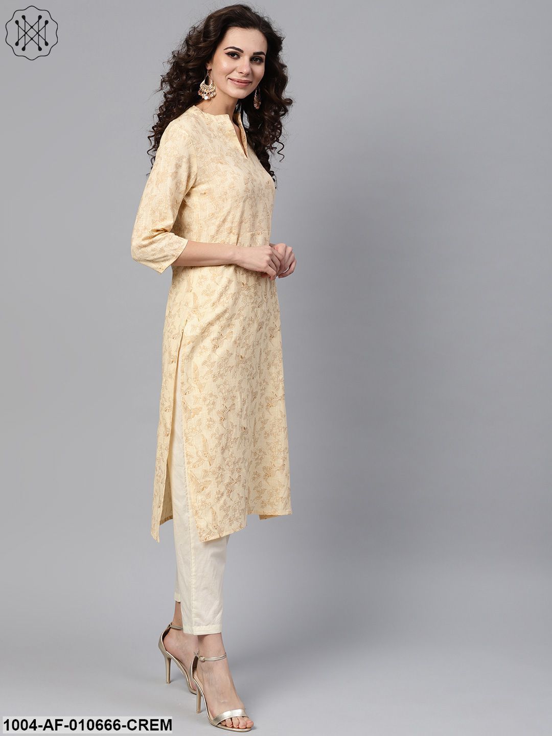 Women Cream Three-Quarter Sleeves Mandarin Collar Straight Pure Cotton Kurta And Palazzos Set
