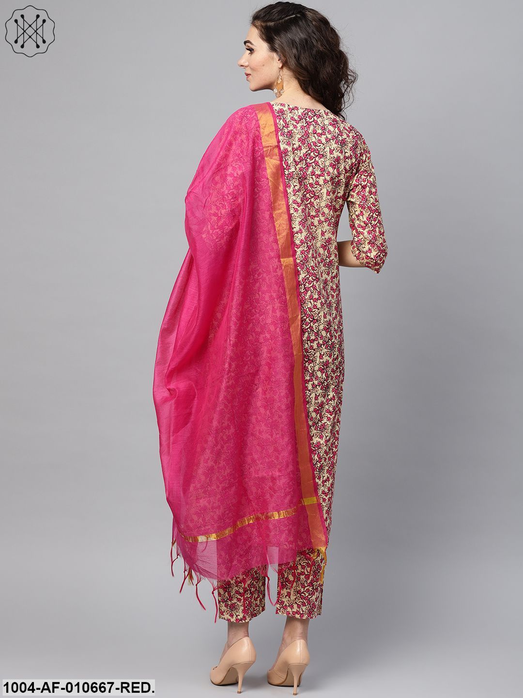 Women Red Short Sleeves Round Neck Straight Pure Cotton Kurta And Palazzos With Dupatta Set