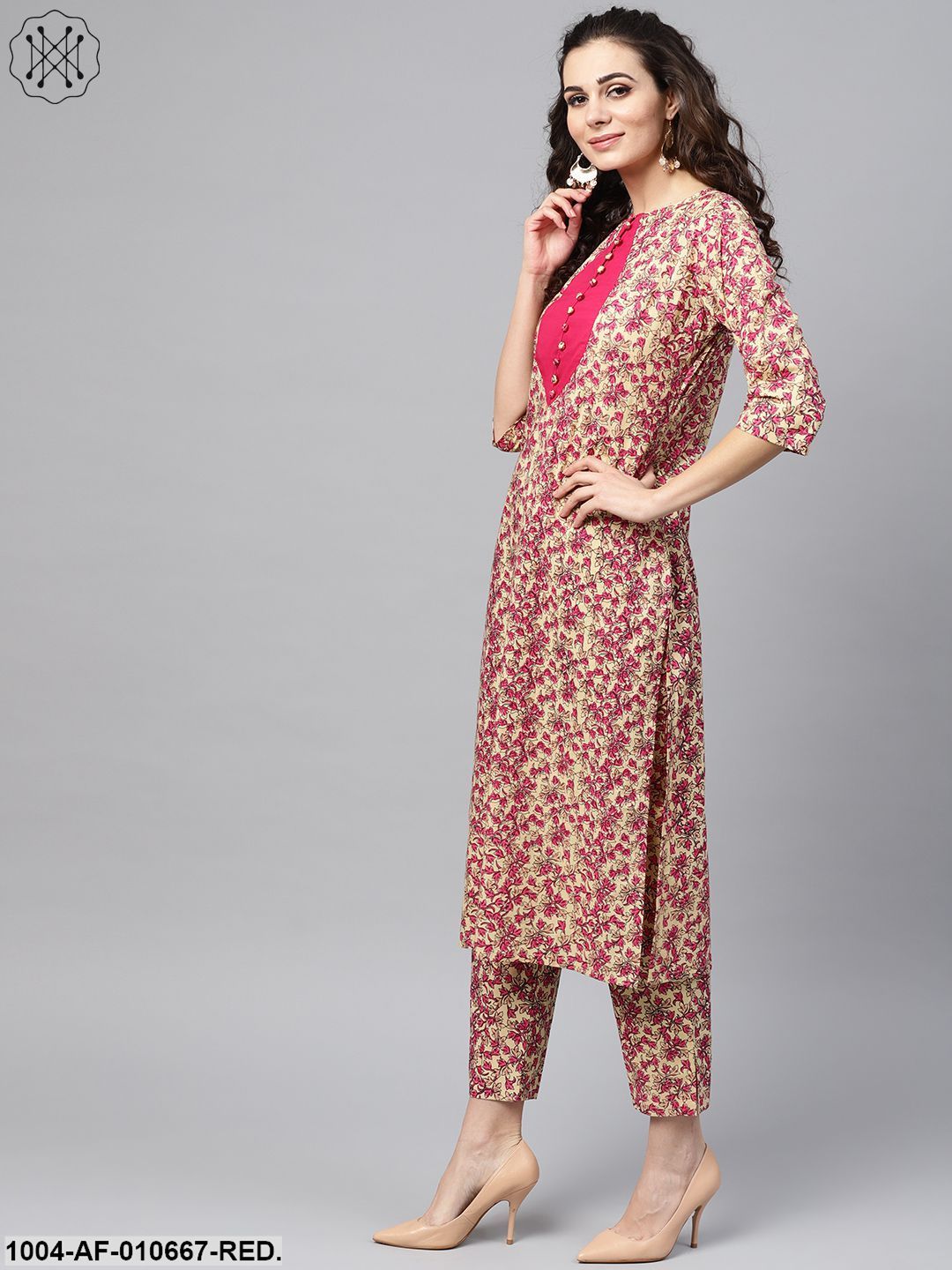 Women Red Short Sleeves Round Neck Straight Pure Cotton Kurta And Palazzos With Dupatta Set