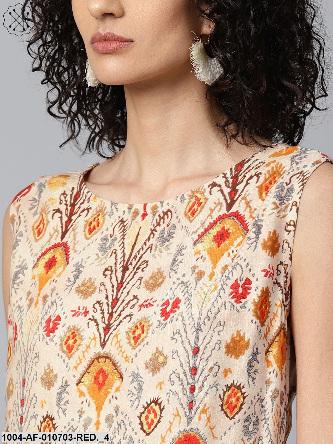 Red Printed Sleeveless Cotton Kurta With Red Ankle Length Dhoti