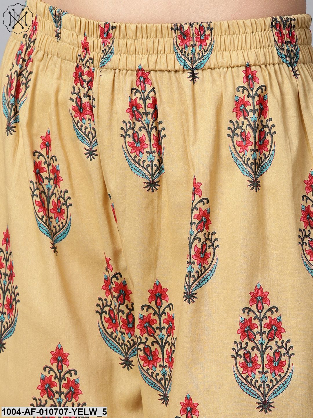 Yellow Printed 3/4Th Sleeve Cotton Anarkali Kurta With Printed Palazzo