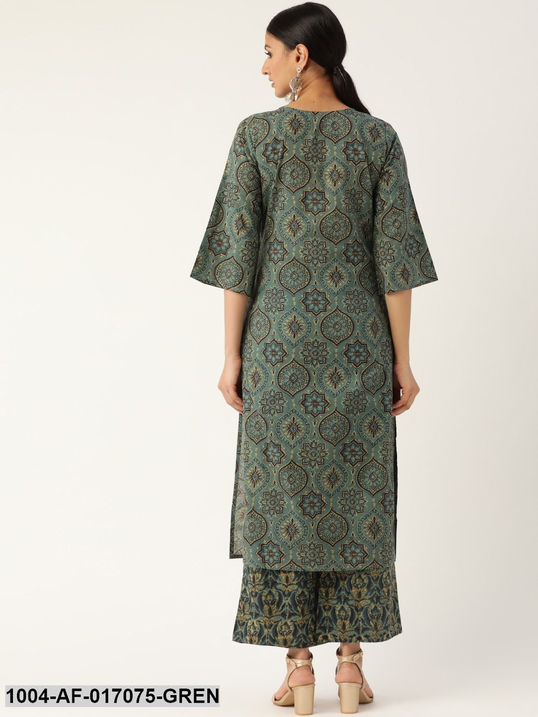 Sage Green Three-Quarter Sleeves Printed Straight Pure Cotton Kurta with Palazzo