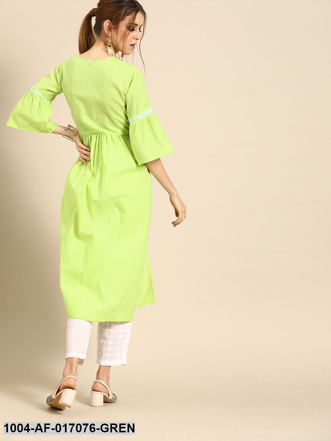 Pastel Green Three-Quarter Sleeves Solid Flared Pure Cotton Kurta with Schiffli Trouser