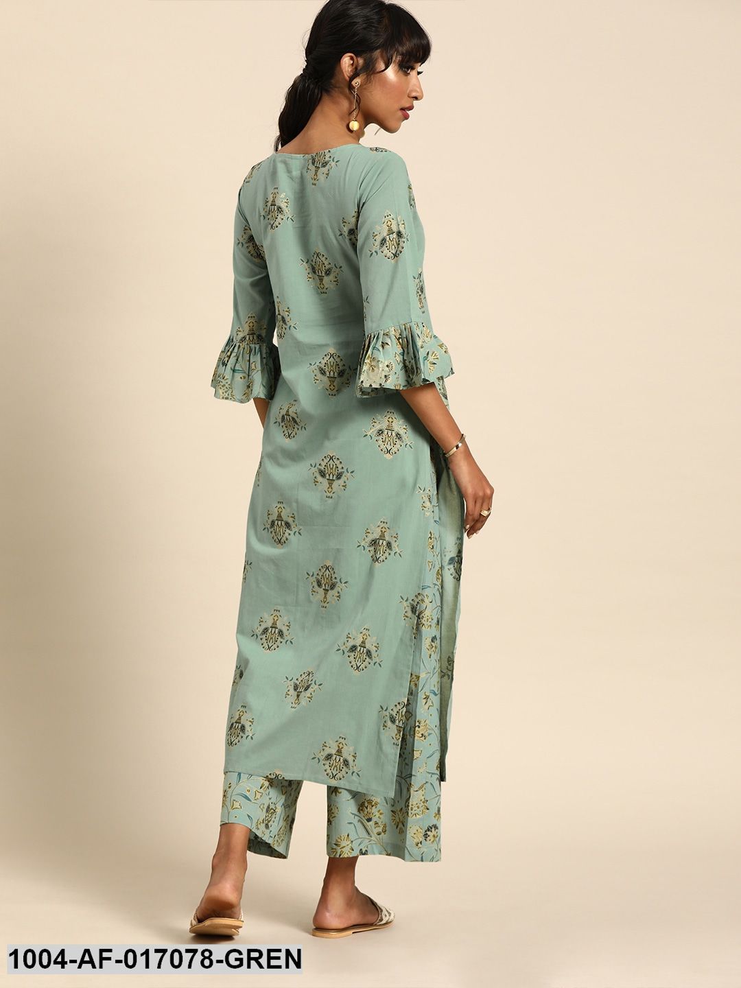 Pistachio Green Three-Quarter Sleeves Printed Straight Pure Cotton Kurta with Palazzo