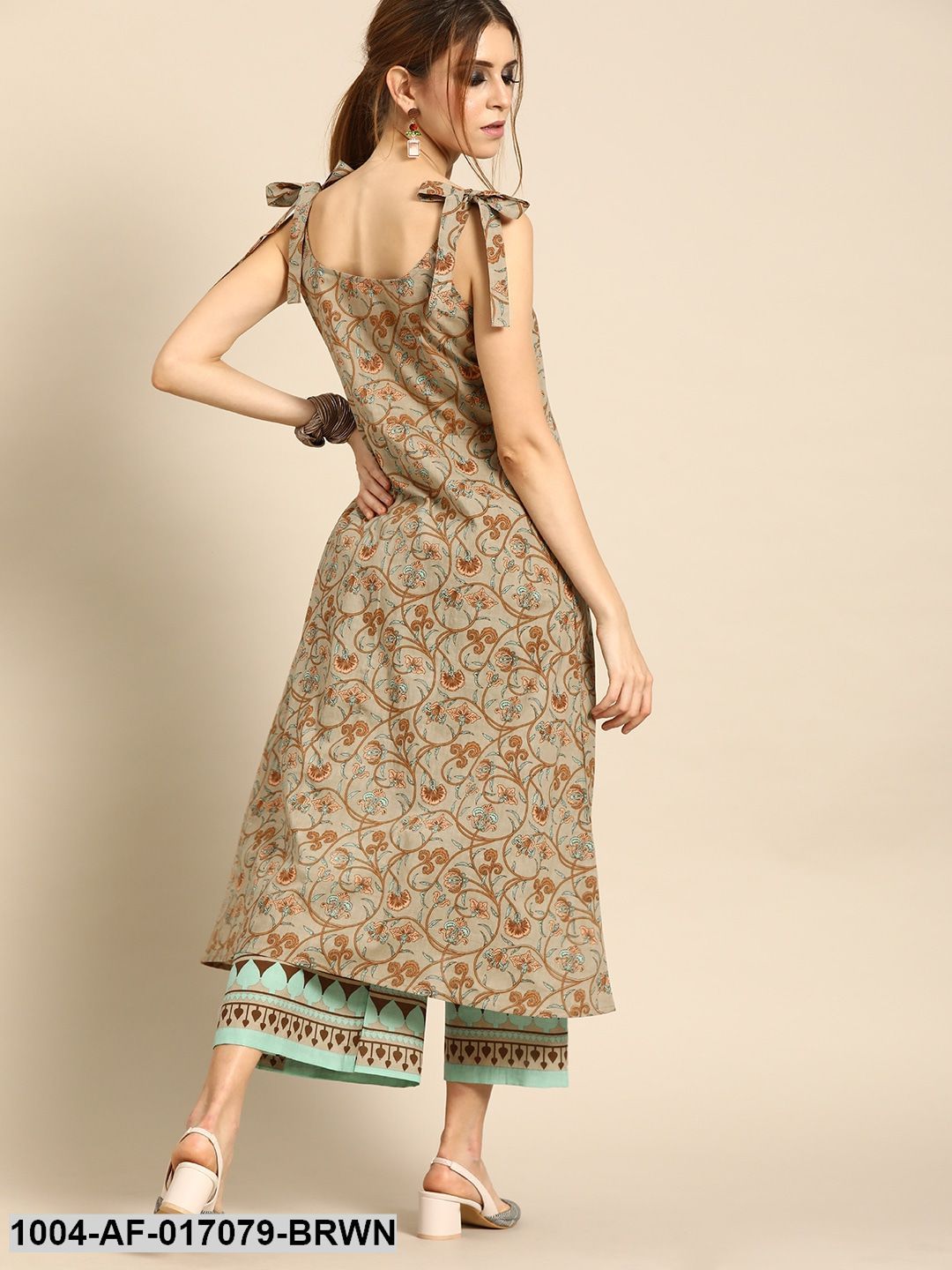Brown Sleeveless Printed Flared Pure Cotton Kurta with Culottes