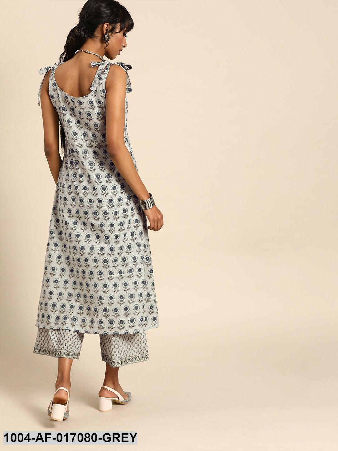 Grey Sleeveless Printed Flared Pure Cotton Kurta with Culottes