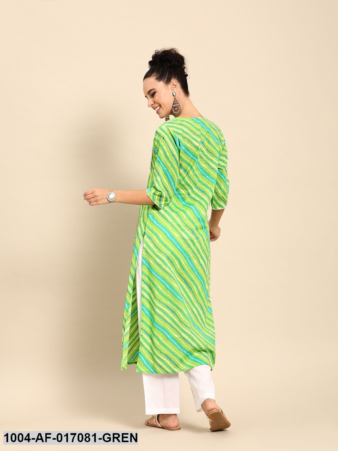 Green Three-Quarter Sleeves Striped Straight Pure Cotton Kurta with Palazzo Set