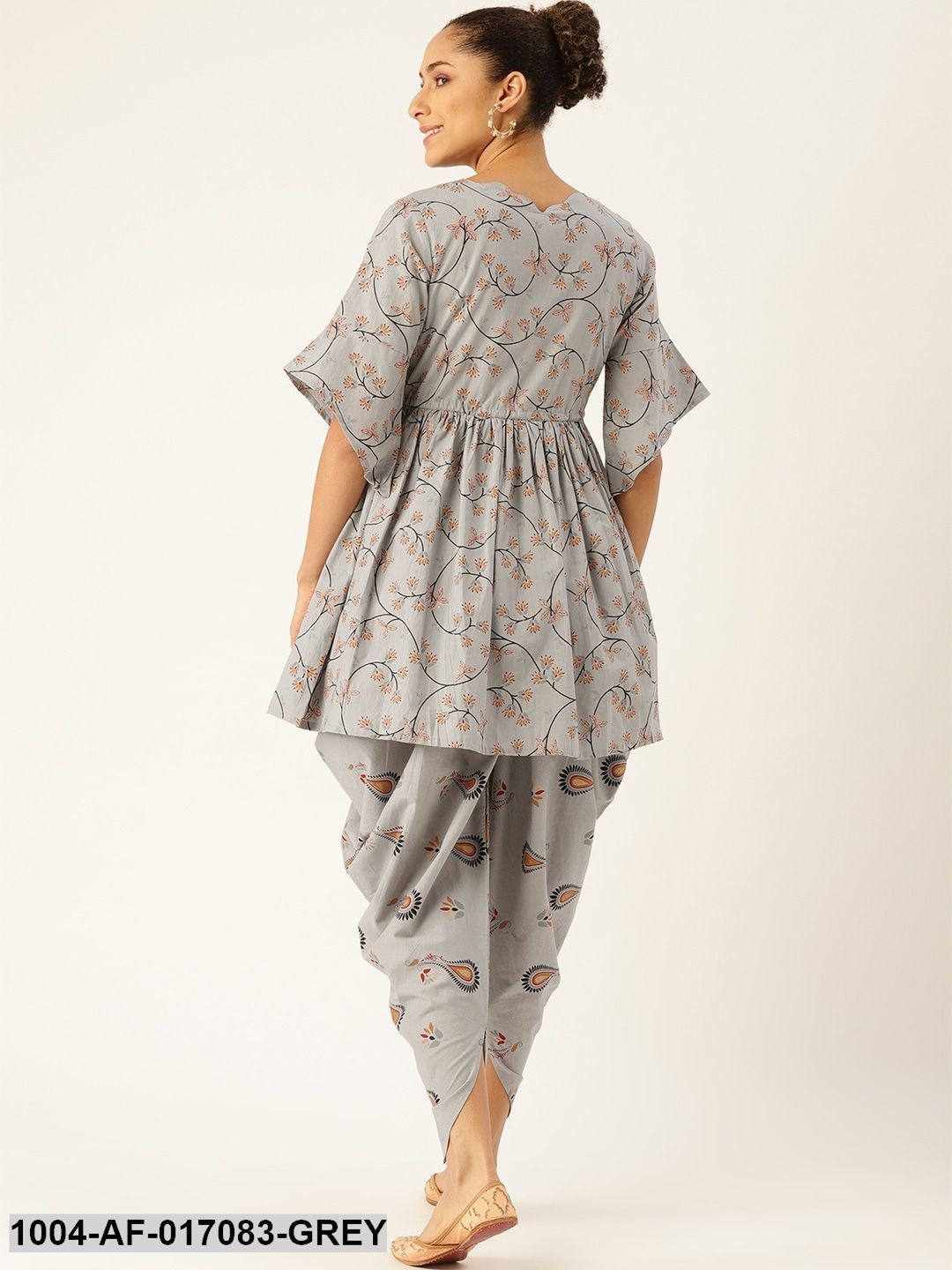Grey Three-Quarter Sleeves Flared Kurta And Dhoti Set