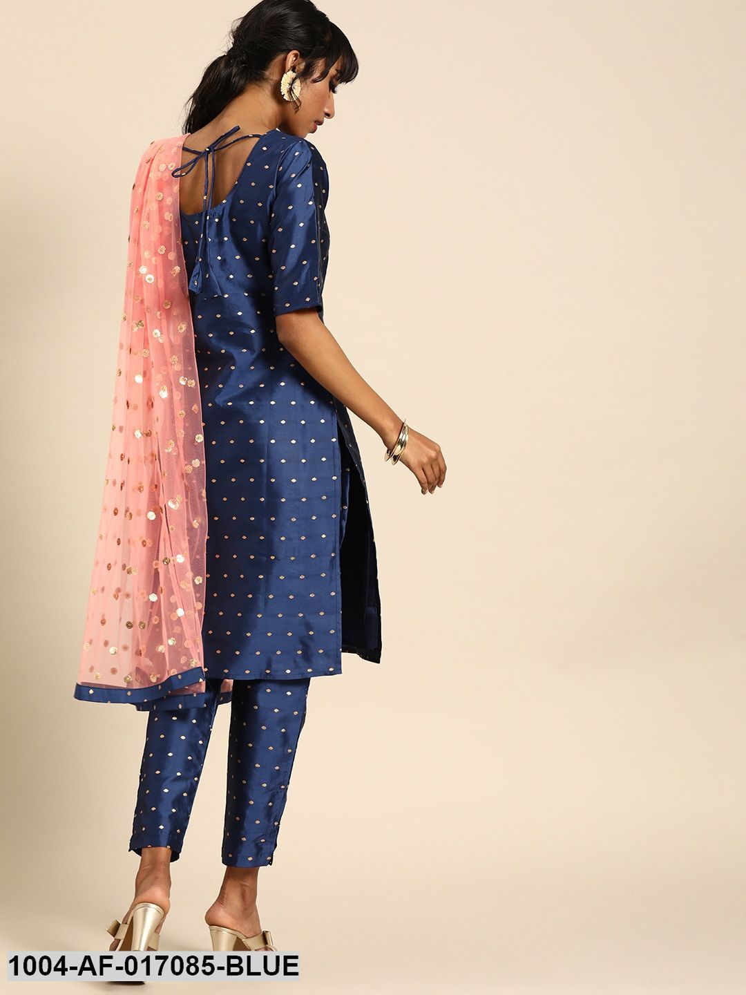 Blue Three-Quarter Sleeves Woven Design Straight Silk Blend Brocade Kurta with Trouser and Dupatta