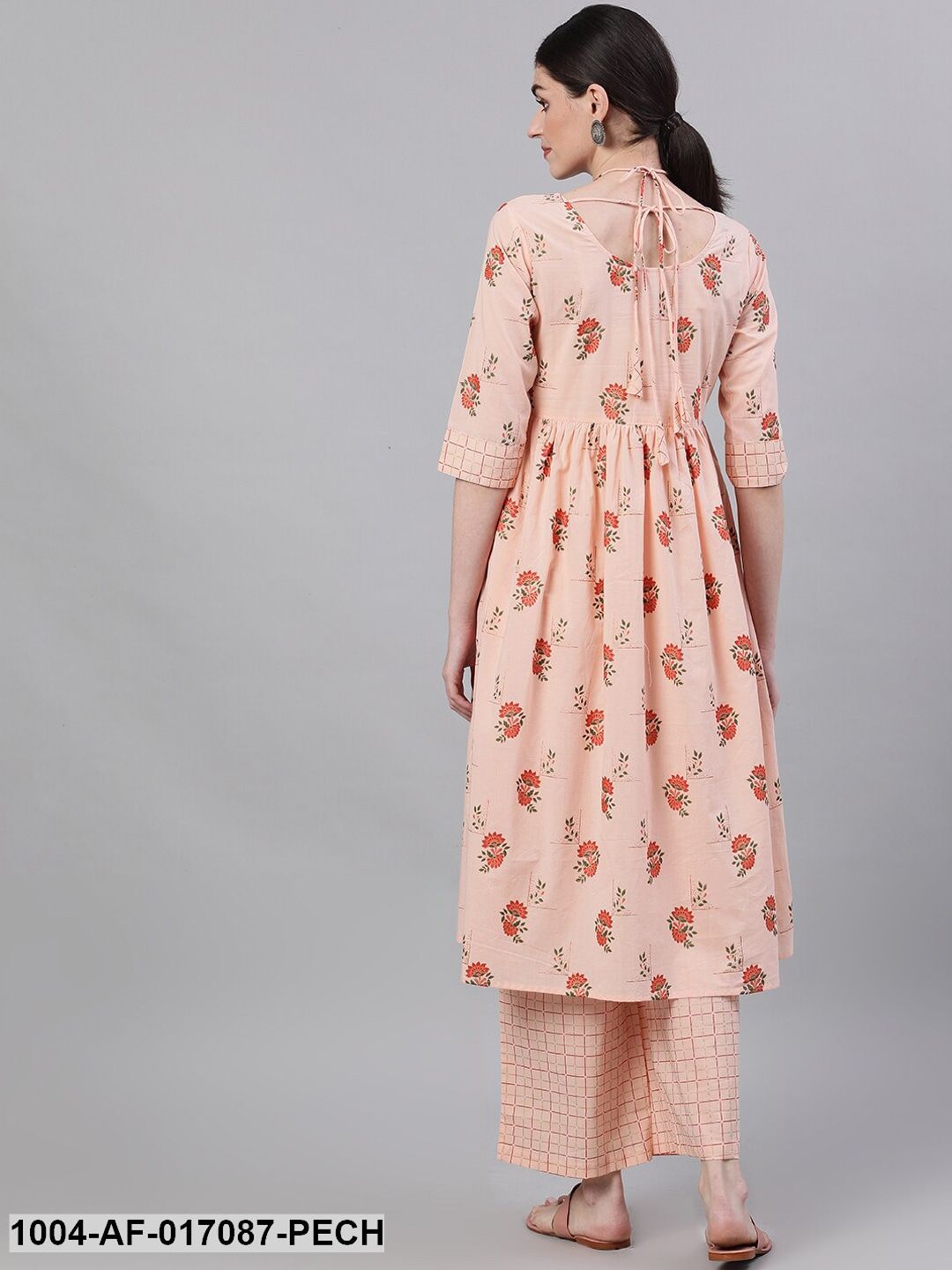 Peach Three-Quarter Sleeves Flared Kurta With Palazzo