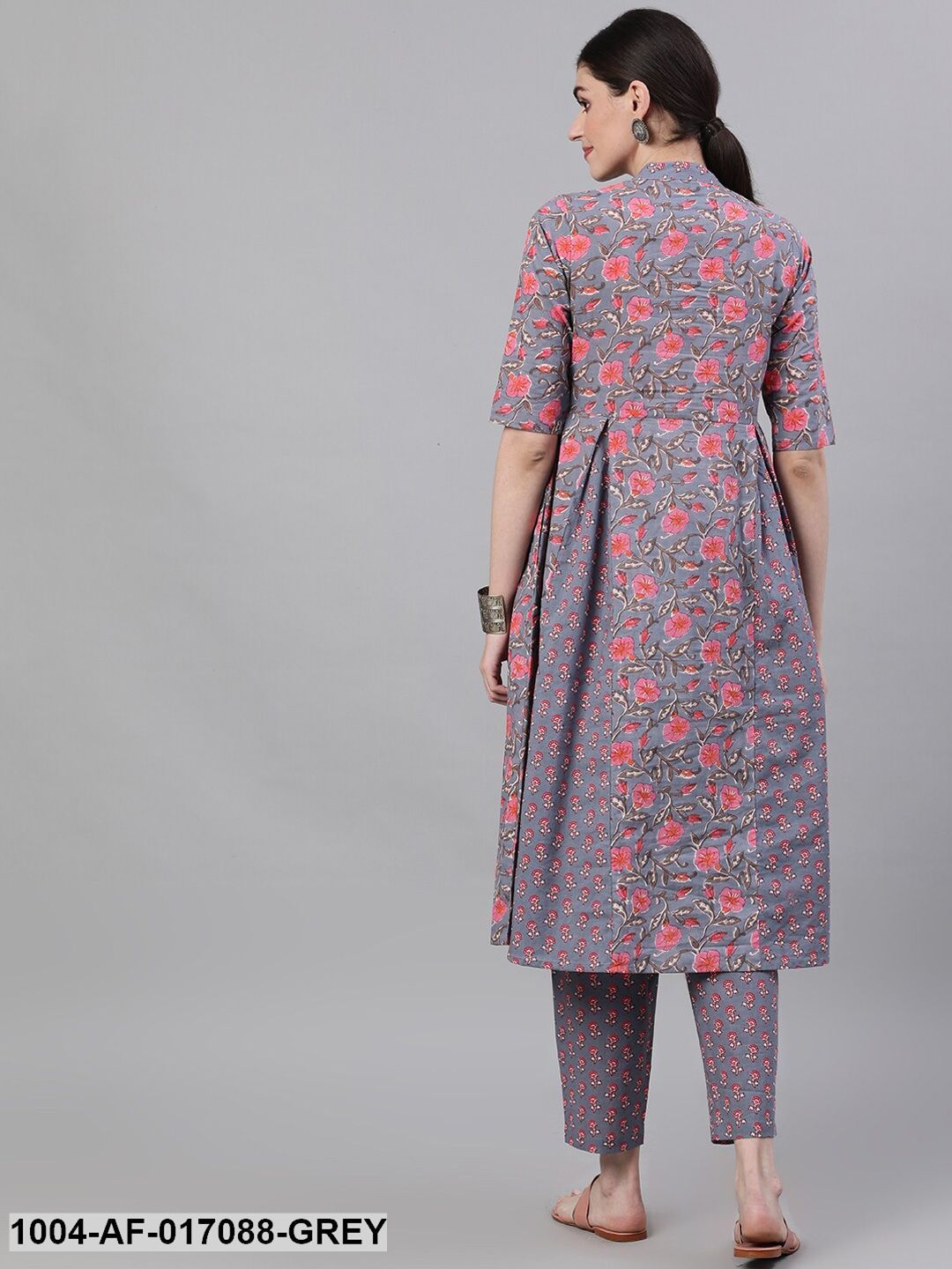Grey Three-Quarter Sleeves Flared Kurta With Palazzo