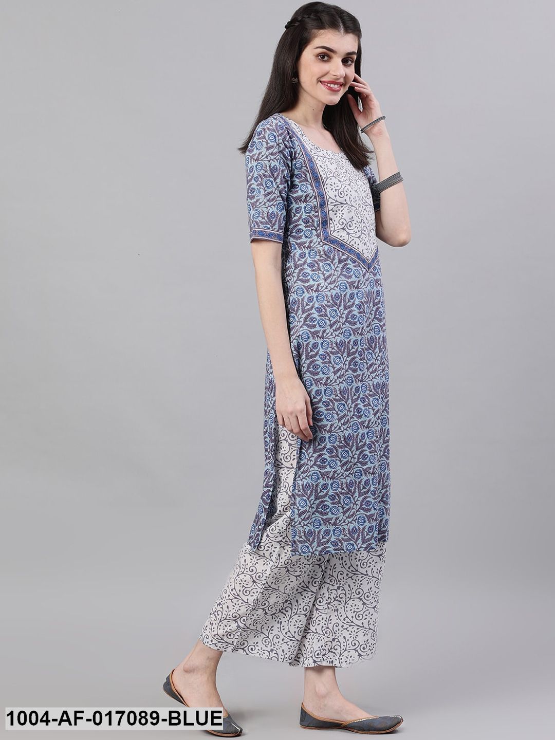 Blue Three-Quarter Sleeves Straight Kurta Palazzo With Dupatta