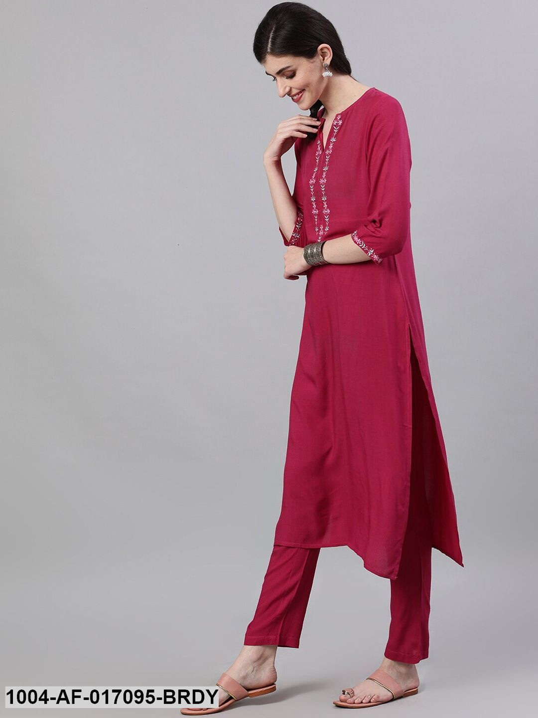 Burgundy Three-Quarter Sleeves Straight Kurta Palazzo With Dupatta