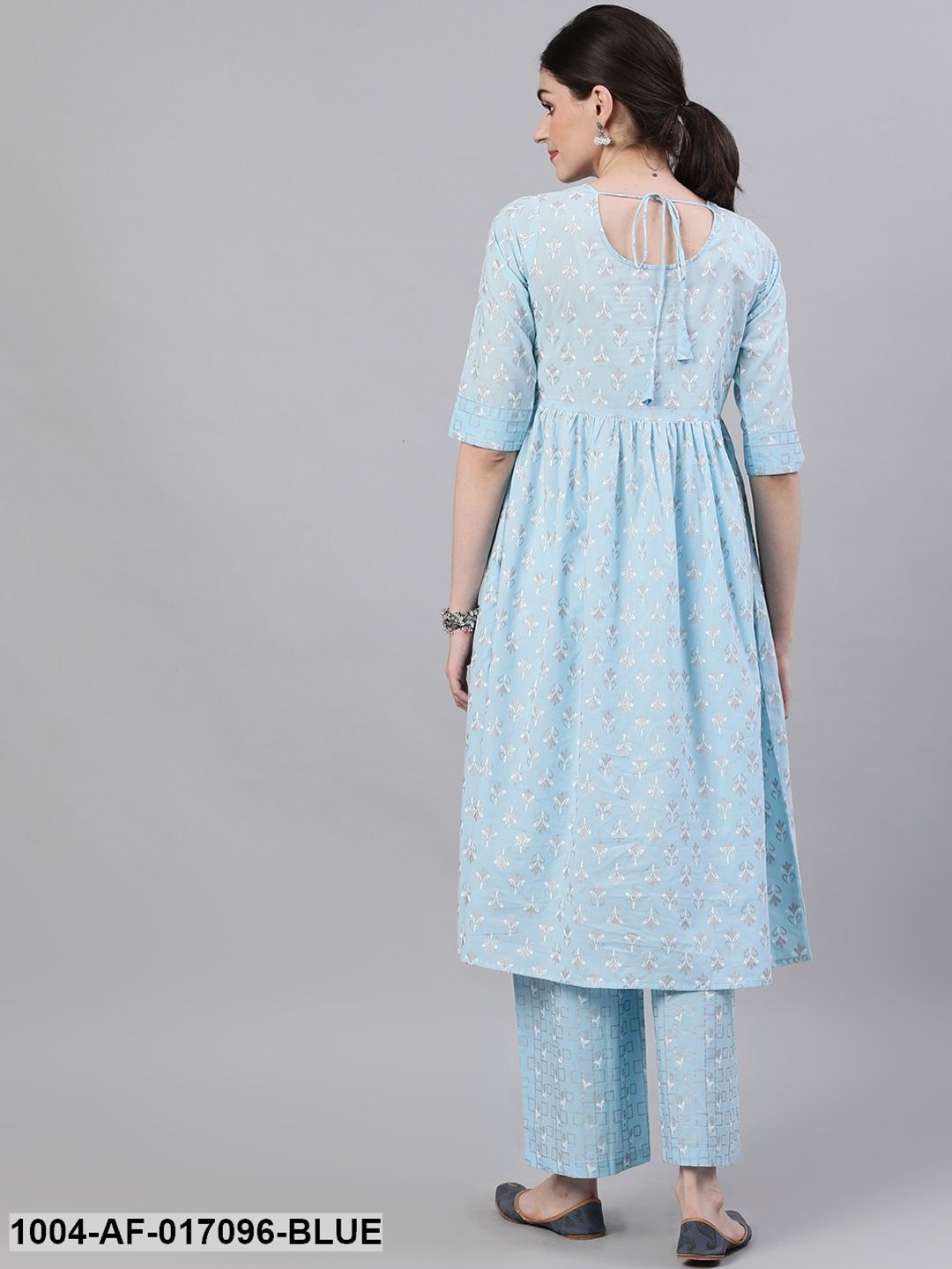 Pastel Sky Blue Three-Quarter Sleeves Flared Kurta and Palazzo Set