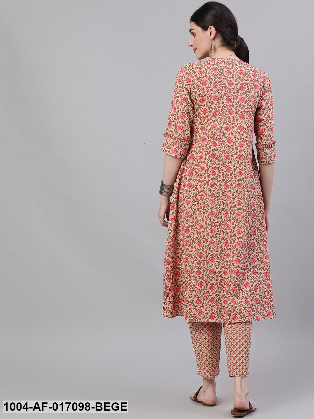 Beige Three-Quarter Sleeves Flared Kurta and Palazzo Set