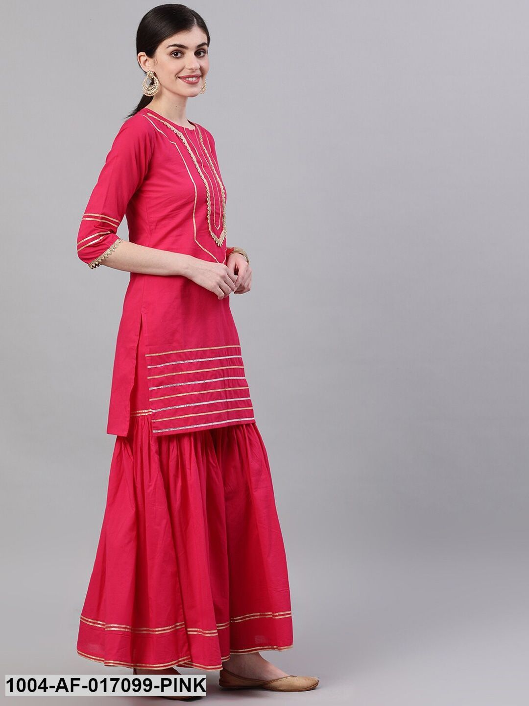 Pink Three-Quarter Sleeves Straight Kurta Sharara Set With Dupatta